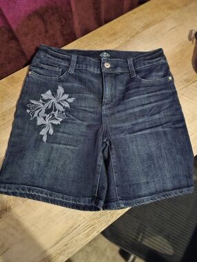 St. John's Bay Dark Blue Denim Shorts with Light Gray Floral Detail